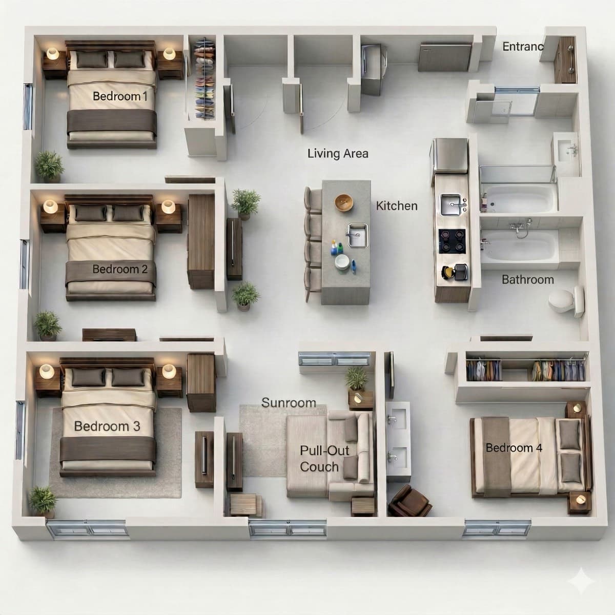 3D Floor Plan - 4 Bed + Sunroom